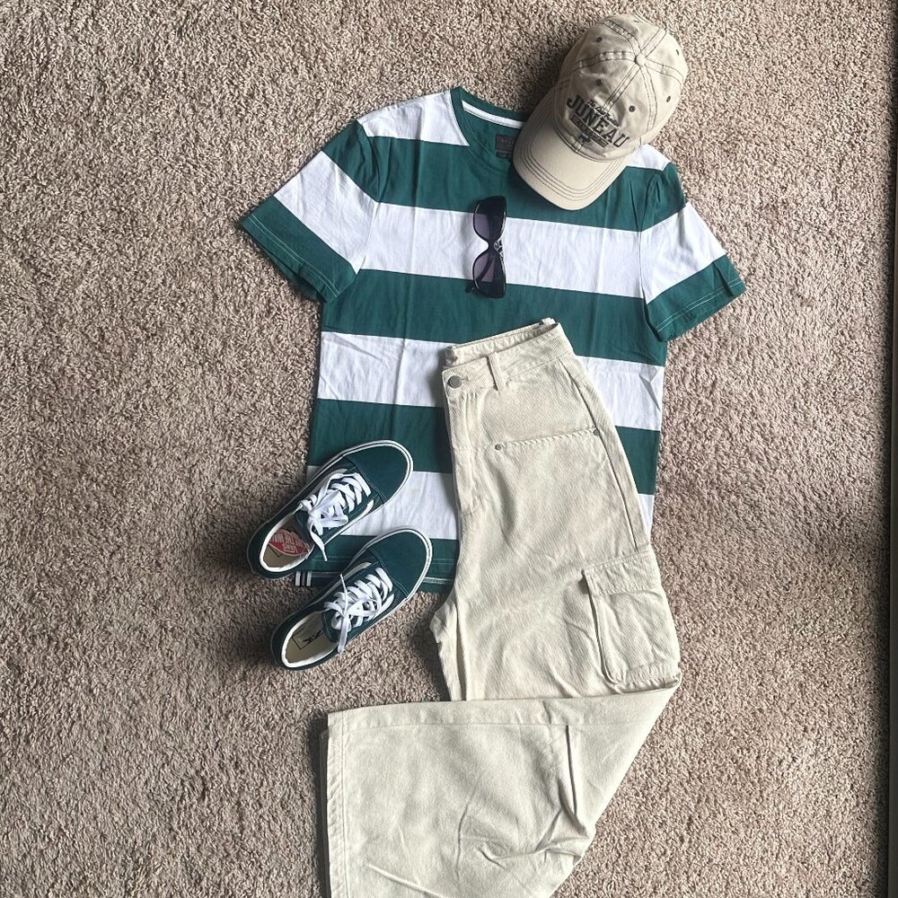 New SELECTED green & White Striped Cotton T-Shirt - Size L (Unisex)